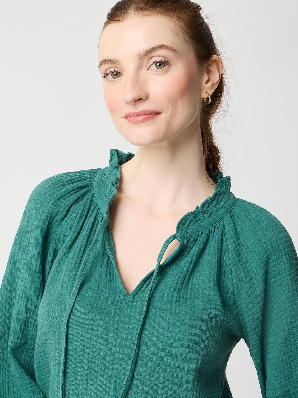 NWT J. Crew Emerald Gauze 100% Cotton Ruffle-Tie Blouse XS - Picture 2 of 5